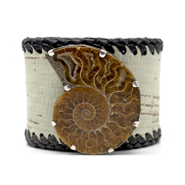Closeup photo of Ammonite Leather Bracelet - Prong Set Ammonite Center On Leather Band W Black Braided Leather Edges
