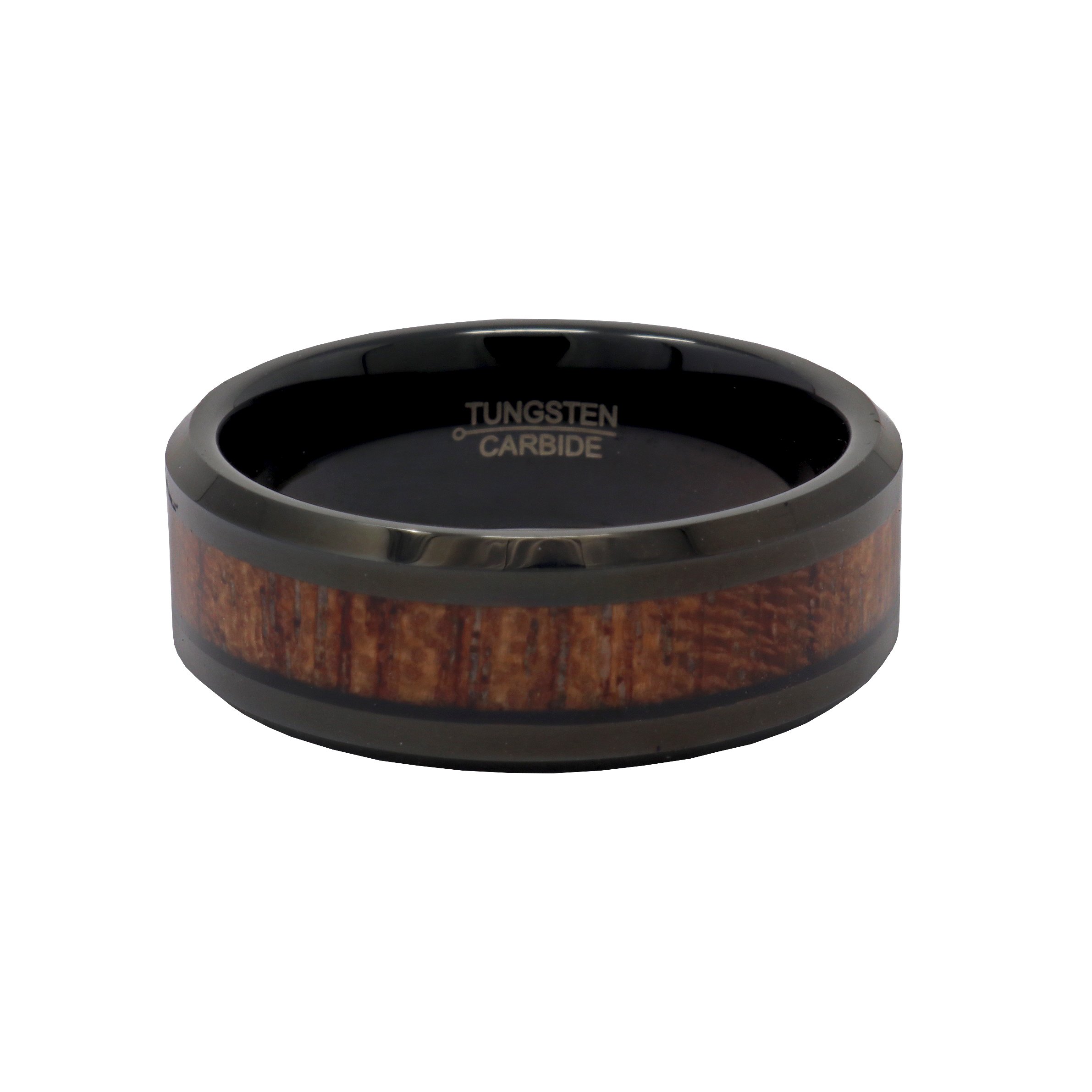 Tungsten Ring Size 9.5 - 8mm Black Ip Plated With Hawaiian Koa Wood Inlay