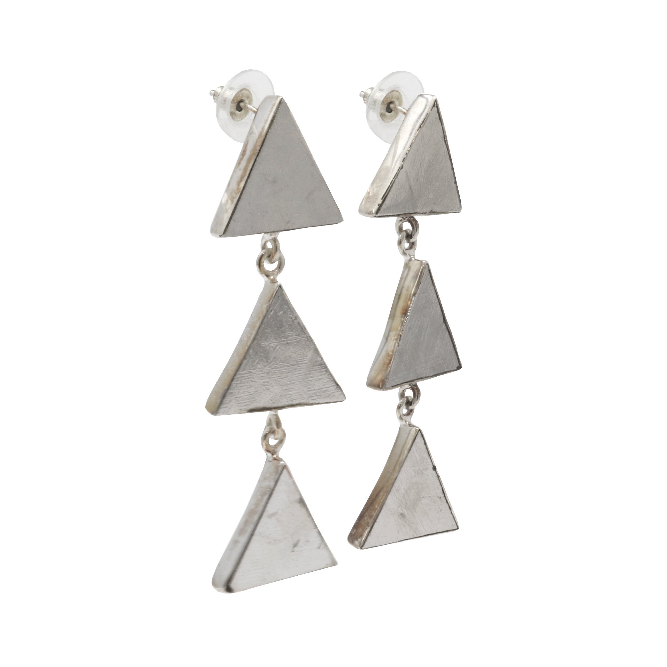 Muonionalusta Meteorite Dangle Earrings - 3 Triangles With Silver Bezels Dangling