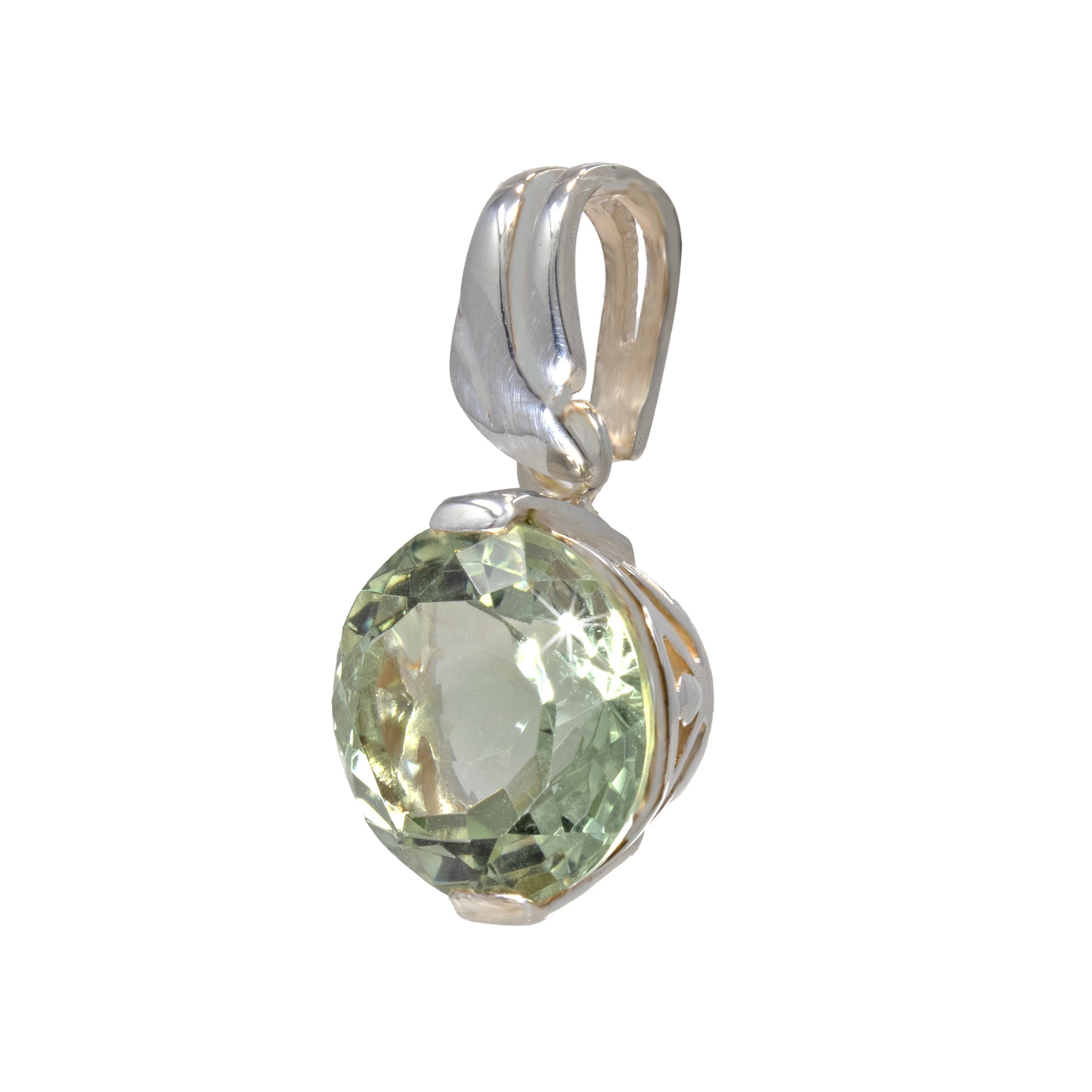 Prasiolite Pendant - Faceted Round With Fancy Cut Out Bezel & Textured Bail