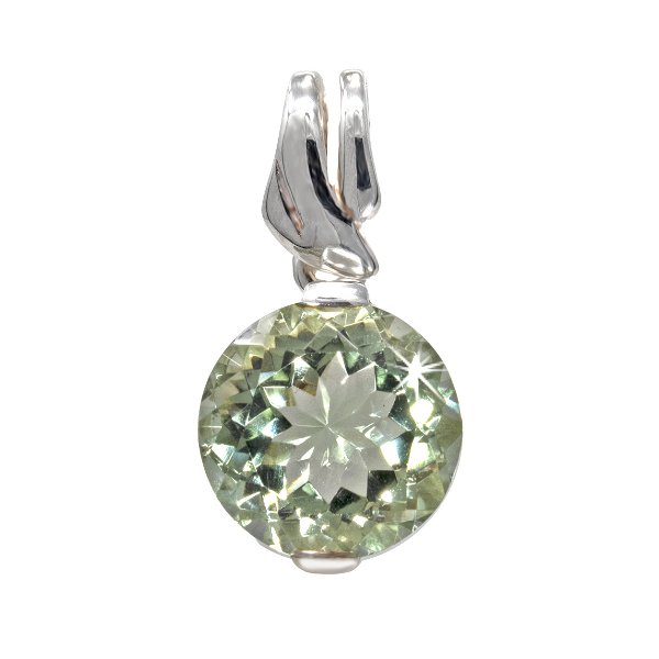 Closeup photo of Prasiolite Pendant - Faceted Round With Fancy Cut Out Bezel & Textured Bail