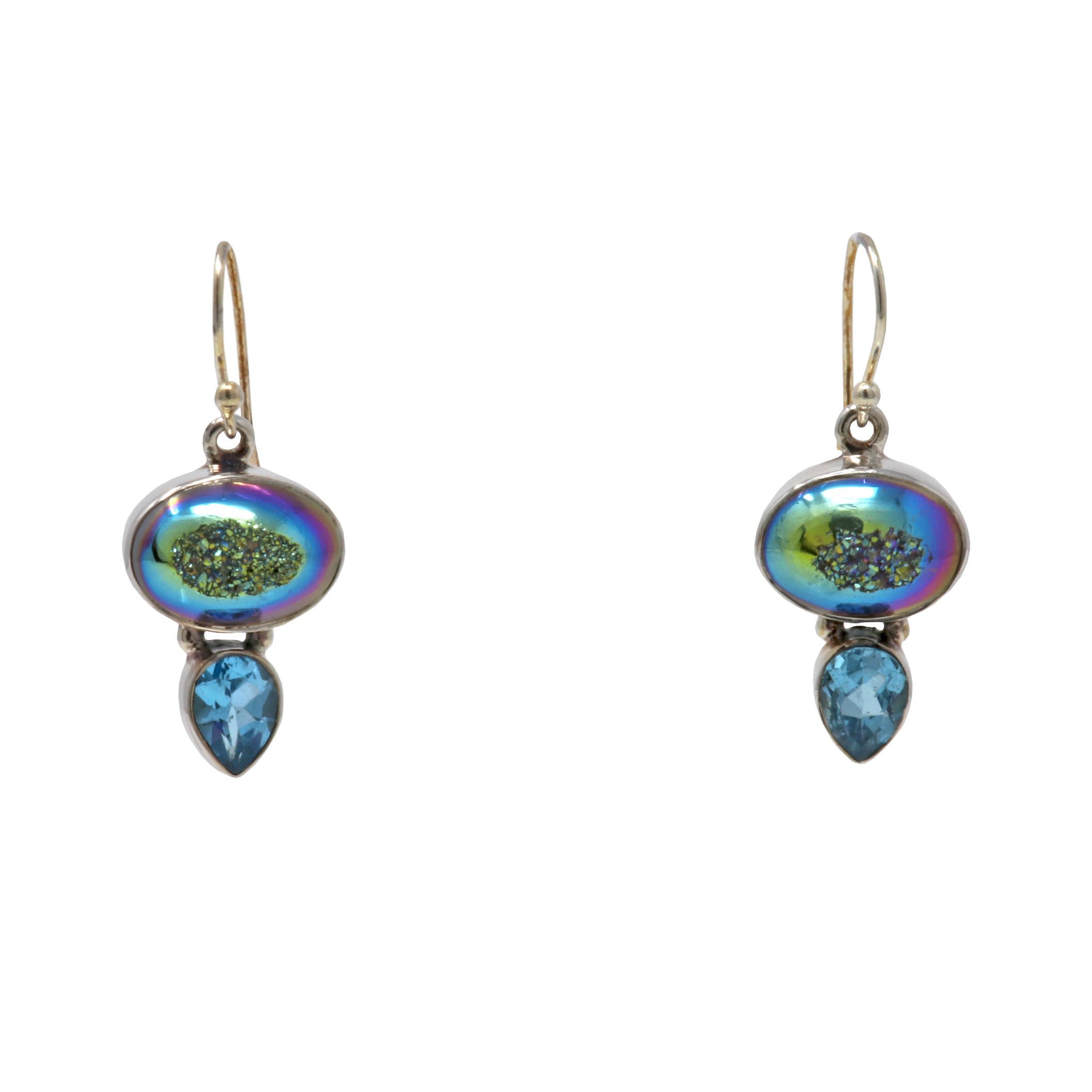 Rainbow Titanium Druze Dangle Earrings - Oval Cabochon With Geode Center & Faceted Blue Topaz Pear With Silver Bezels