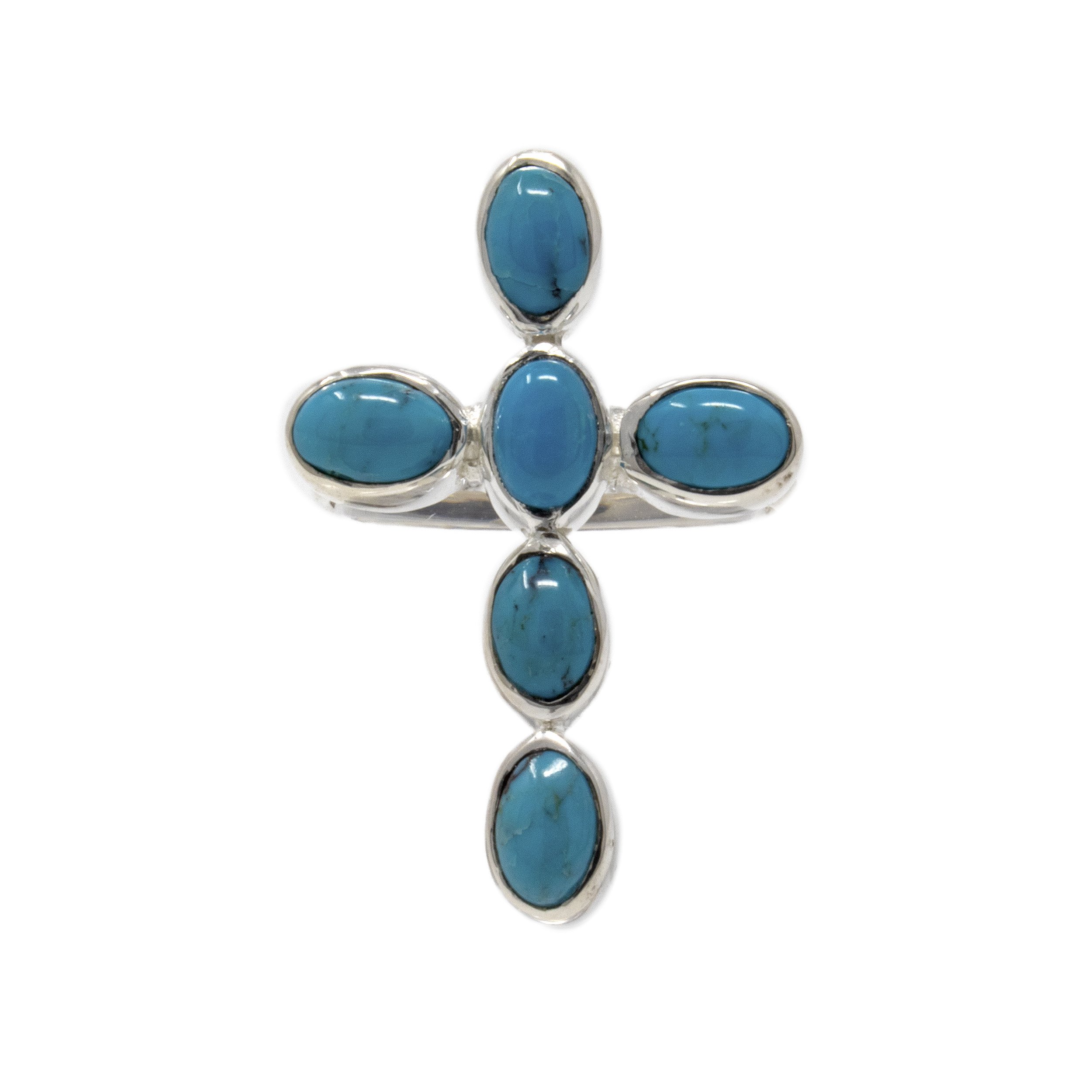 Mexican Turquoise Cross Ring - 6 Oval Cabochons With Simple Silver Bezels Size 8