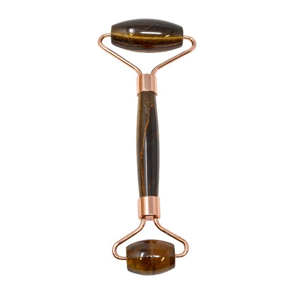 Closeup photo of Tigers Eye Facial Roller With Rose Gold Hardware