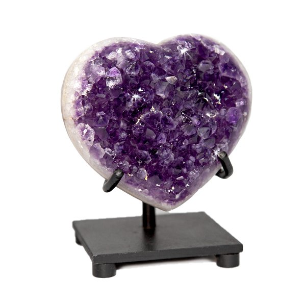Closeup photo of Amethyst Crystal Heart On Custom Stand With White Quartz Layer