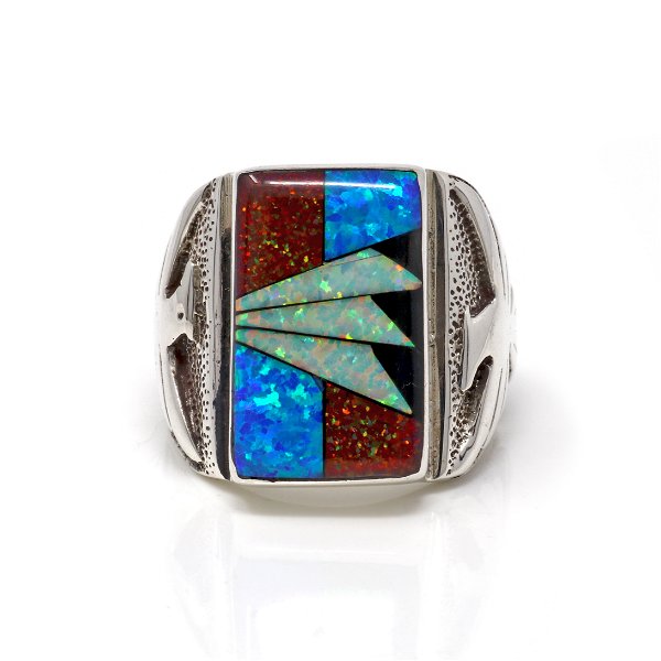 Closeup photo of Inlay Ring Size 9 - Multicolor Micro Inlaid Rectangle Cabochon Set In Silver Bezel With Rope Detail & Silver Eagle Detail - Multi Colored Fire Opal & Black Spinel