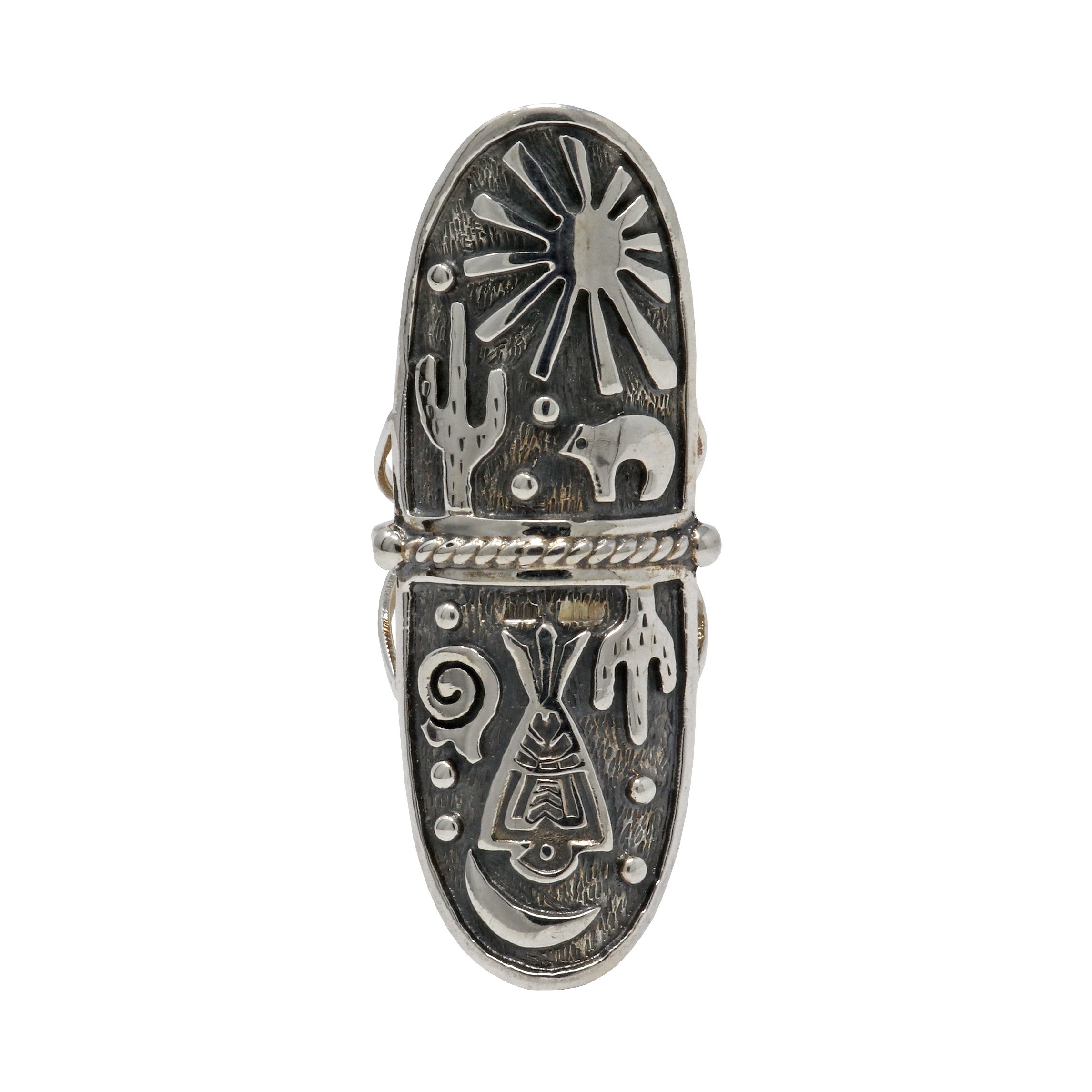 Silver Ring Size 10 - Night & Day Desert Landscape Scene With Native Tribal Eagle & Zuni Bear With Tri-band Top