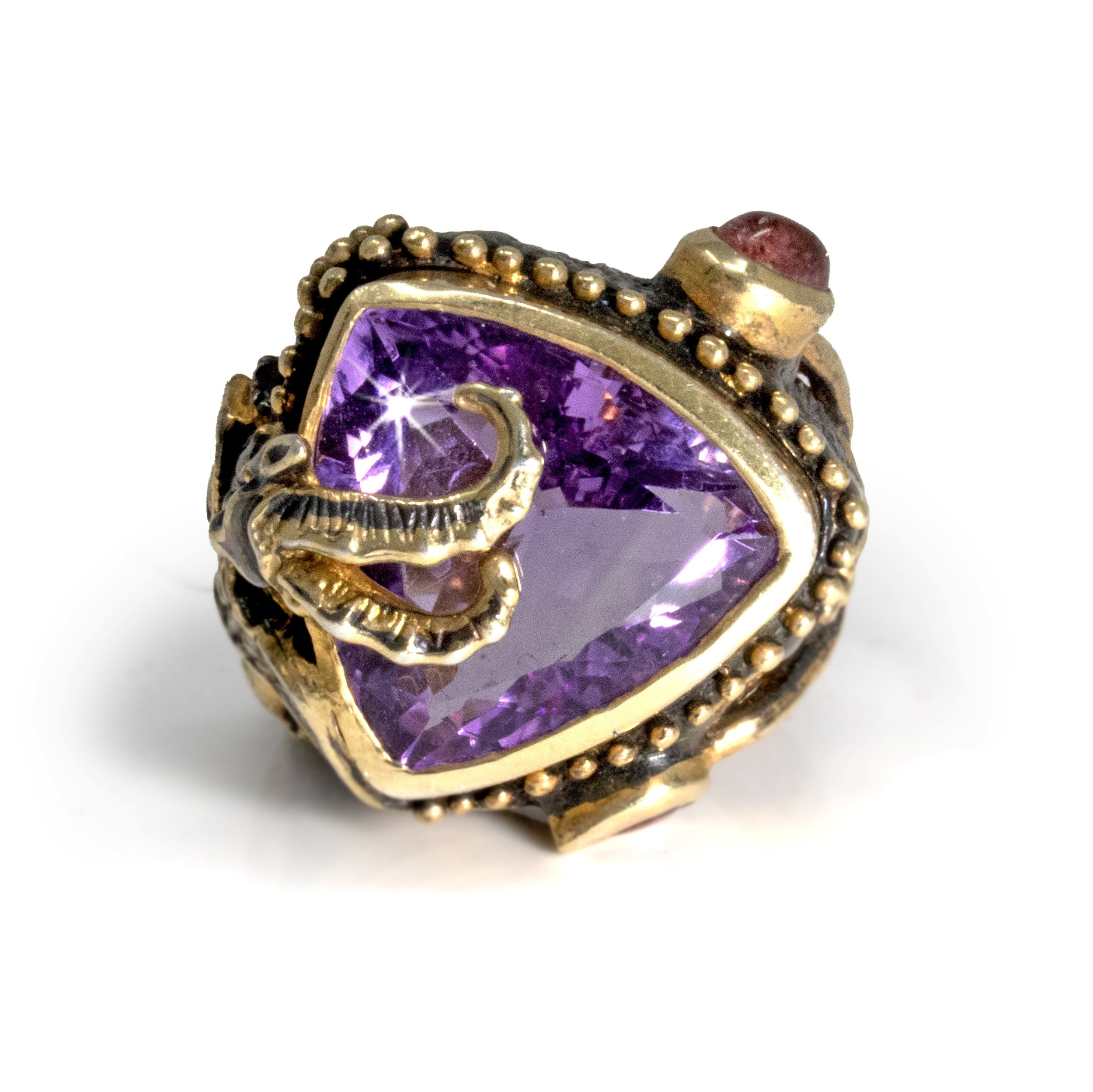 Amethyst Ring - Trillion With Oval Pink Tourmaline Cabochon & Chimera- Gold Vermeil Size 7.5