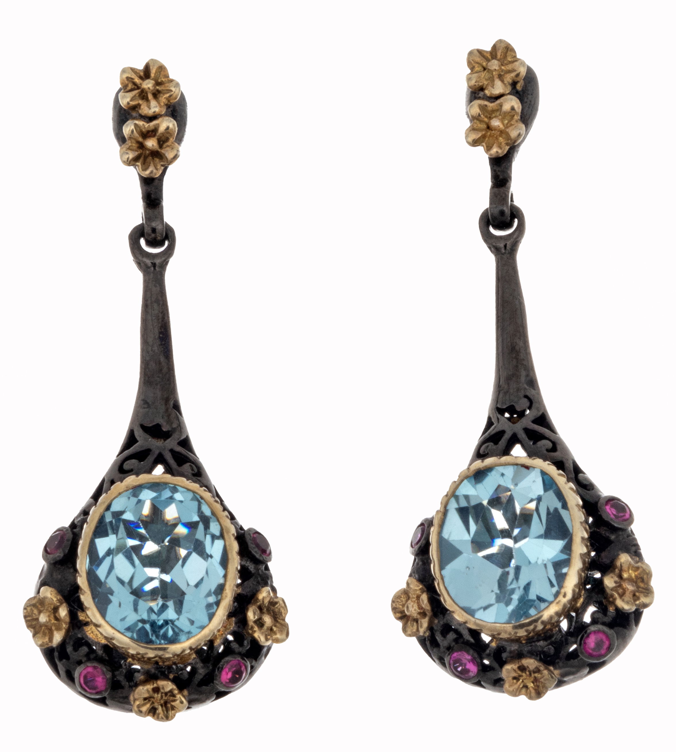 Blue Topaz Dangle Earrings On-post - Faceted Oval with Mini Ruby Rounds & Gold Vermeil Flowers on Cutout Drop