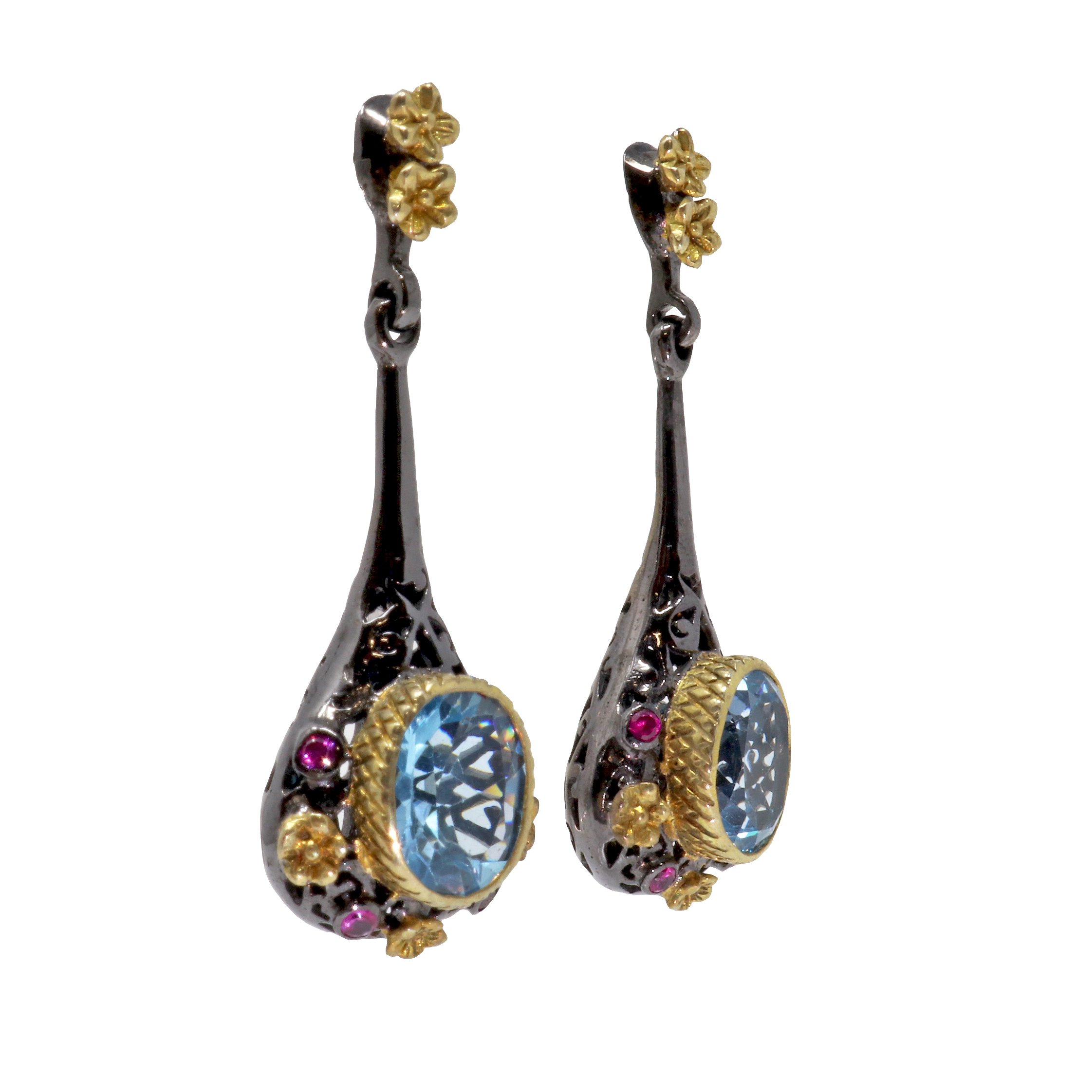 Blue Topaz Dangle Earrings On-post - Faceted Oval With Mini Ruby Rounds & Gold Vermeil Flowers On Cutout Drop