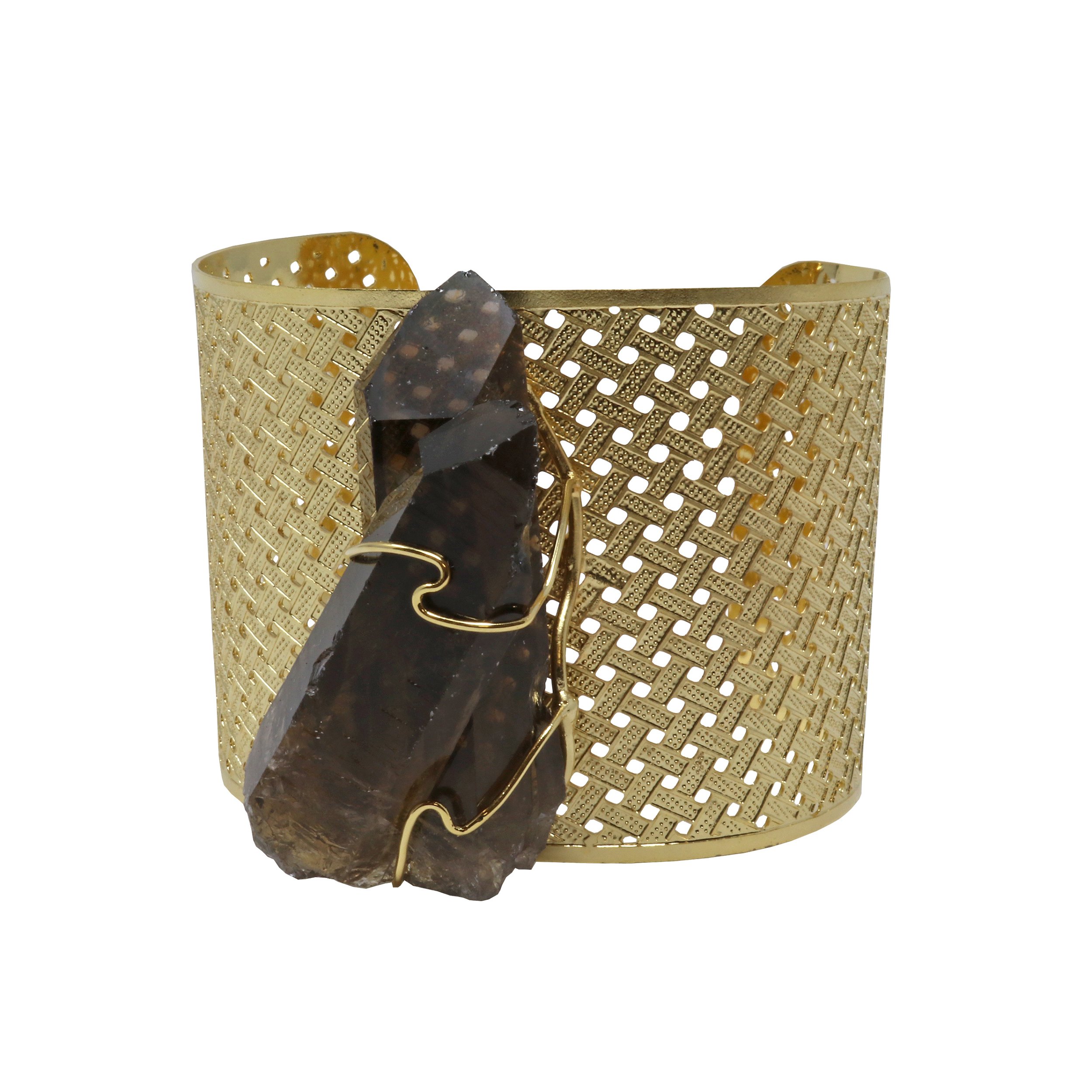 Smoky Quartz Cluster Cuff Bracelet - Prong Set Gold Overlay Wide Band
