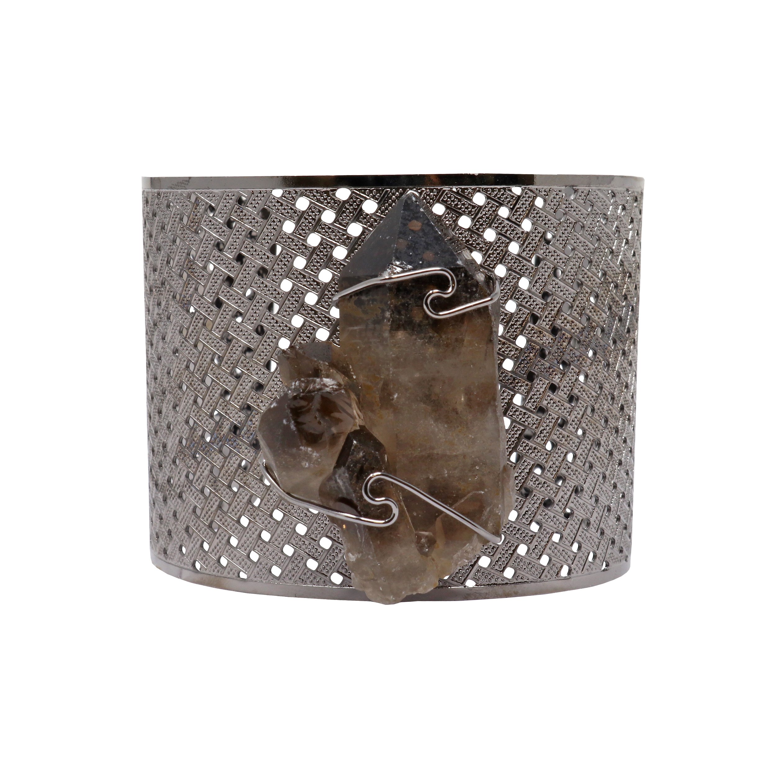 Smoky Quartz Cluster Cuff Bracelet - Prong Set Ruthenium Plated Wide Band