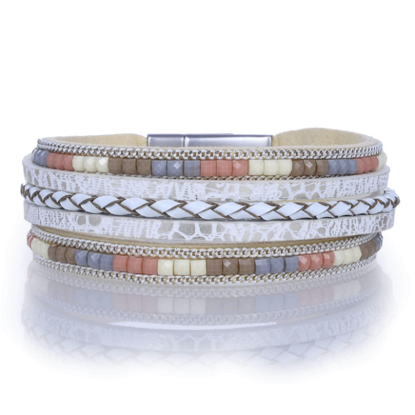 Closeup photo of White Multi Wrap Bracelet with Woven Strand