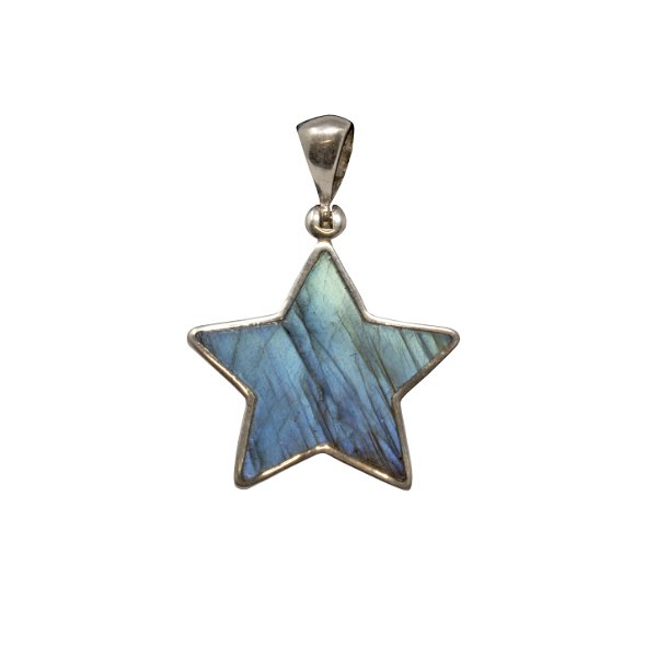 Closeup photo of Labradorite Star Pendant - Simple 5 Sided Star With Silver Bezel