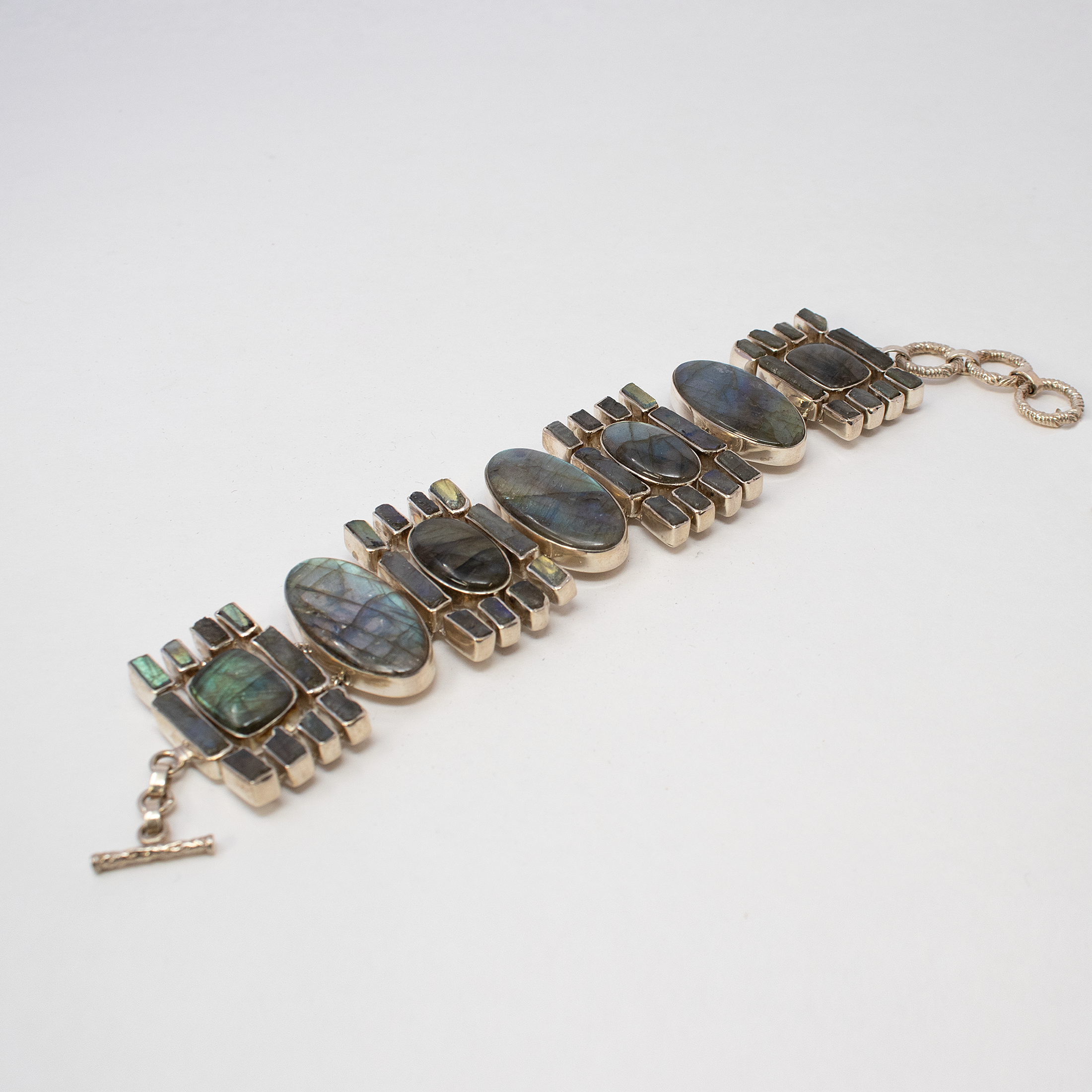 Labradorite Link Bracelet - 4 Oval Cabochons With 2 Square Cabochons Surrounded By Mini Rough Rectangle Matrix With Silver Bezels & Fancy Toggle Clasp