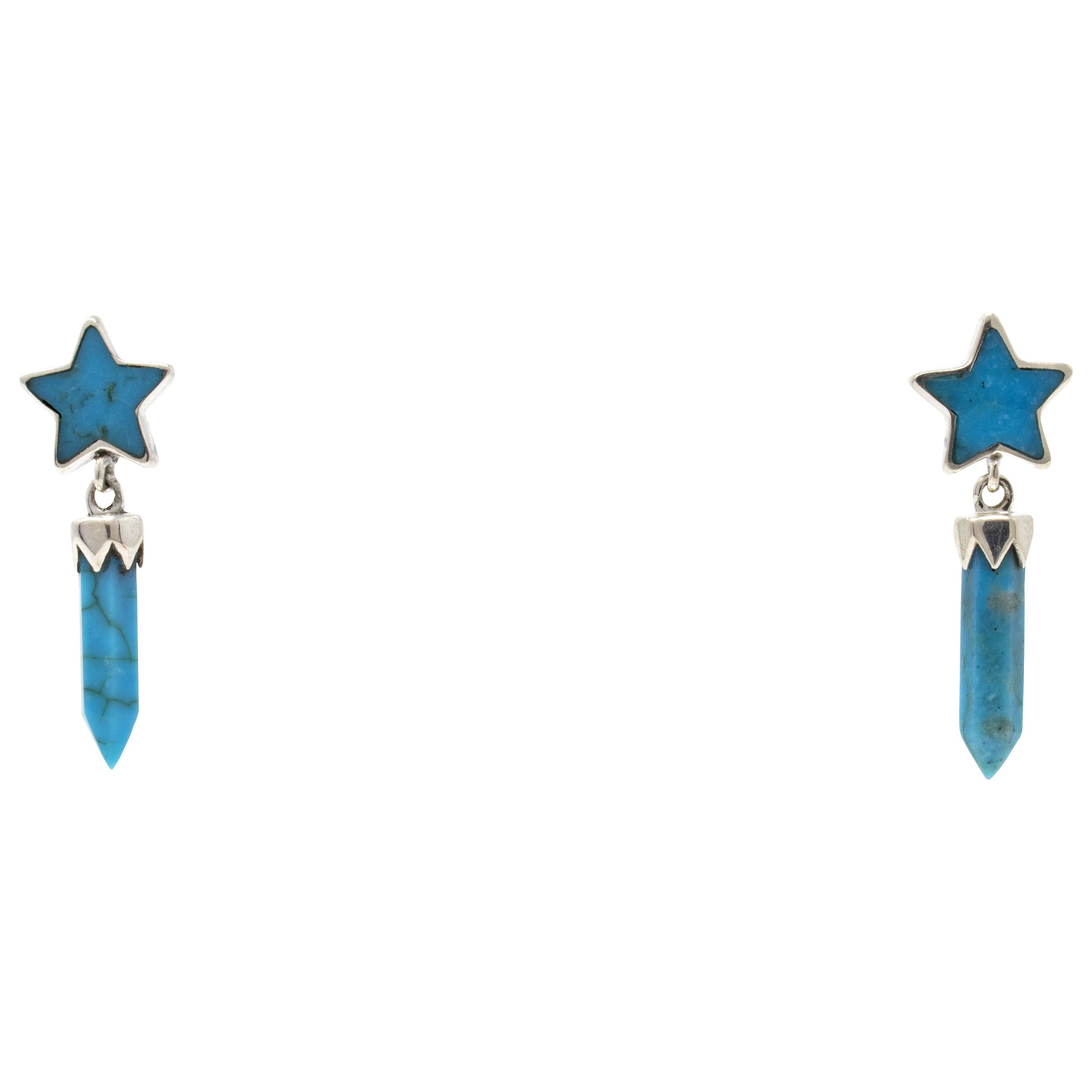Turquoise Dangle Earrings On-post - Terminated Point With 5 Sided Star On Top With Silver Bezel