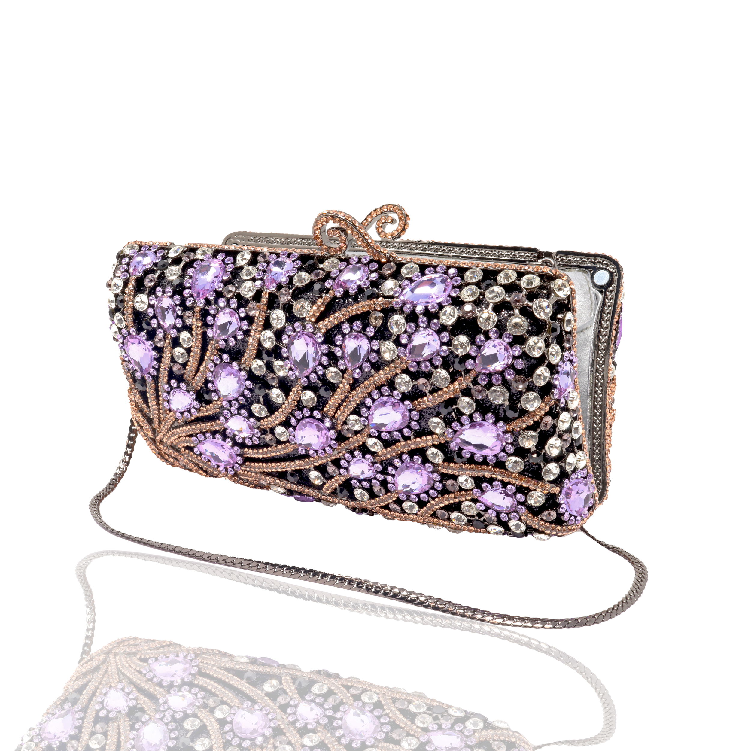 Purple & Rose Gold Rectangular Jewel Purse With Chain