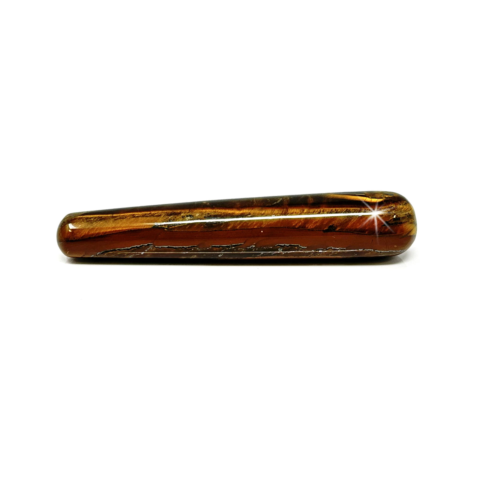Introducing the Tiger's Eye Massage Wand: a unique tool for a relaxing massage experience. Made from Tiger Iron, it promotes circulation and targets trouble spots with a deep tissue massage. Feel the smooth and comfortable design as it leaves you rejuvenated. Tigers Eye Massage Wand
