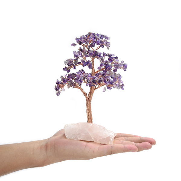 Closeup photo of Amethyst Beaded Tree -Small On Rose Quartz Base