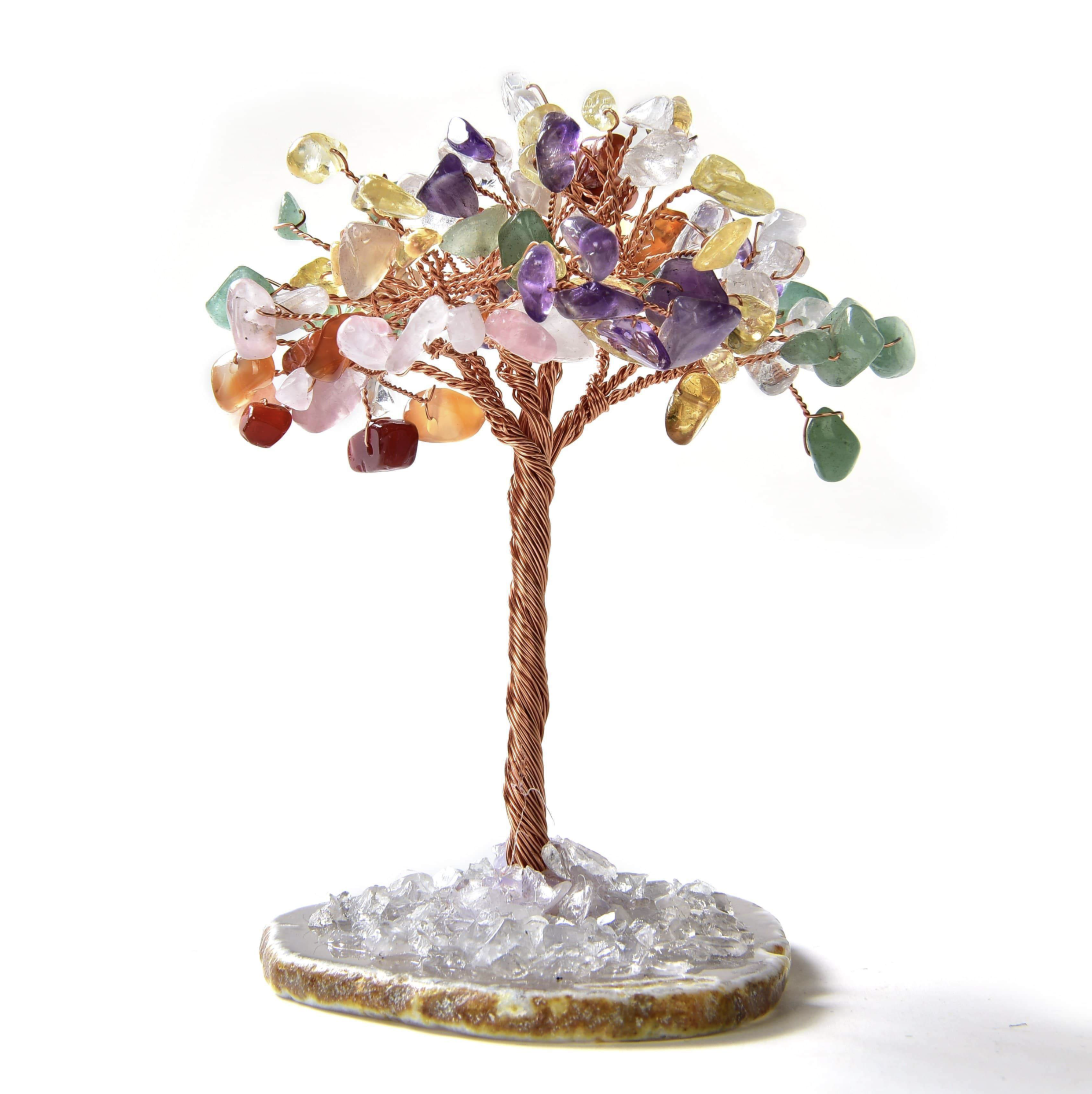 Mix Gemstones Copper Wire Beaded Tree -On Agate Slice Base