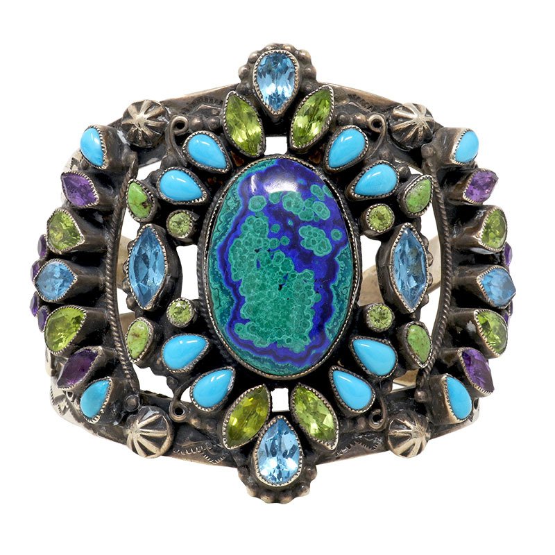 Leo Feeney Botryoidal Malachite-Azurite Cuff Bracelet With Sleeping Beauty Turquoise, Peridot, Blue Topaz, Green Turquoise & Amethyst