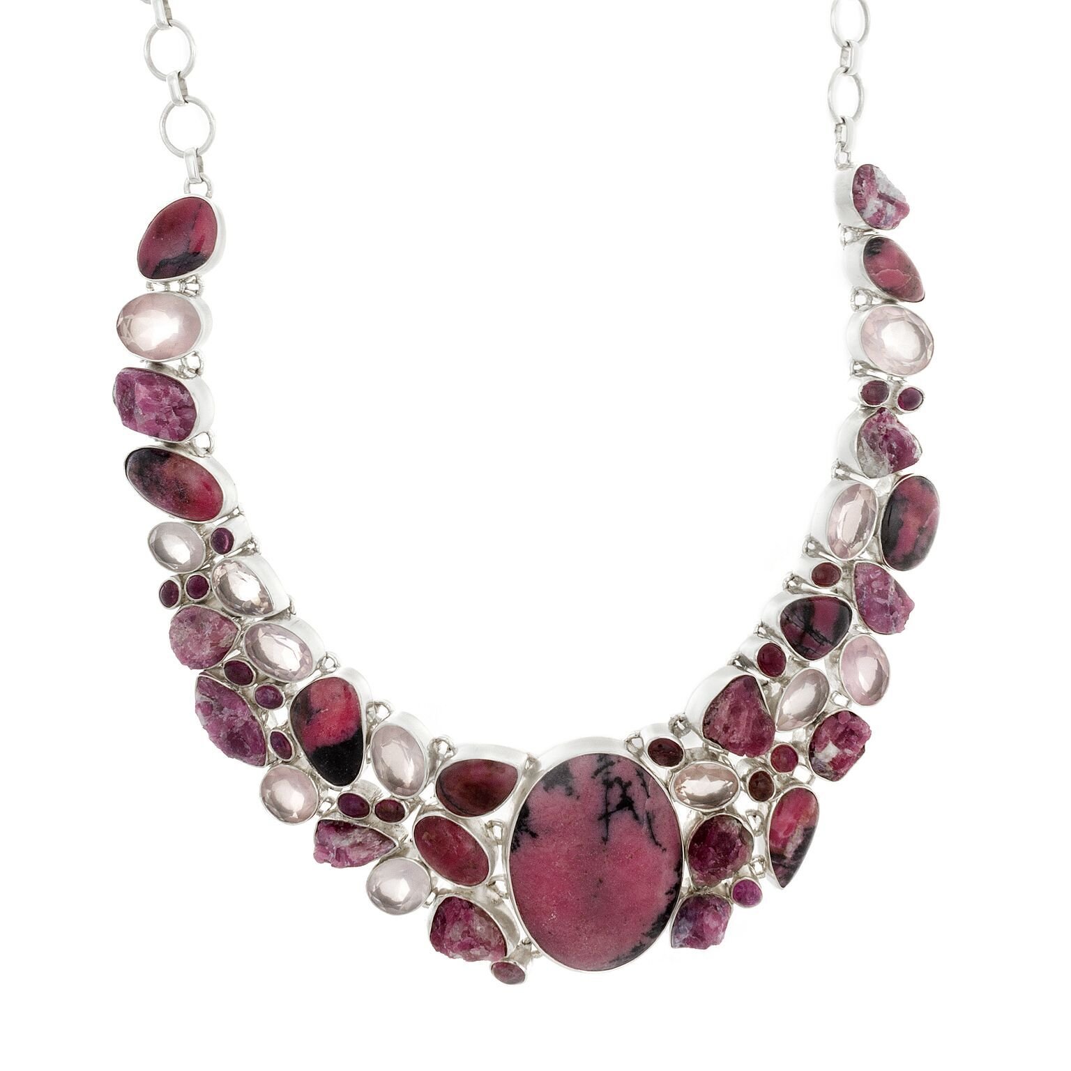 Rhodonite Necklace Collar With Faceted Rose Quartz & Natural Pink Tourmaline