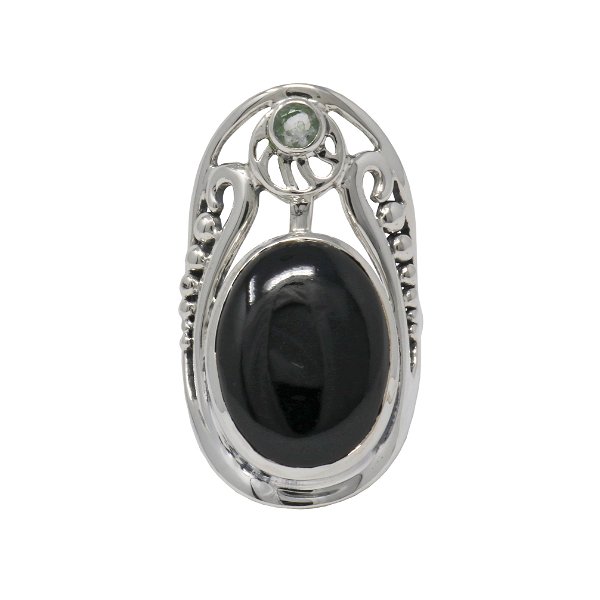 Closeup photo of Black Onyx Ring Size 8 - Oval With Round Prasiolite