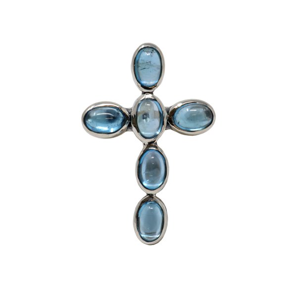 Closeup photo of Blue Topaz Ring Size 8 - Cross With 6 Oval Cabochons