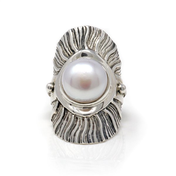 Closeup photo of Pearl Ring Size 6 - Freshwater Pearl Flower Saddle Band