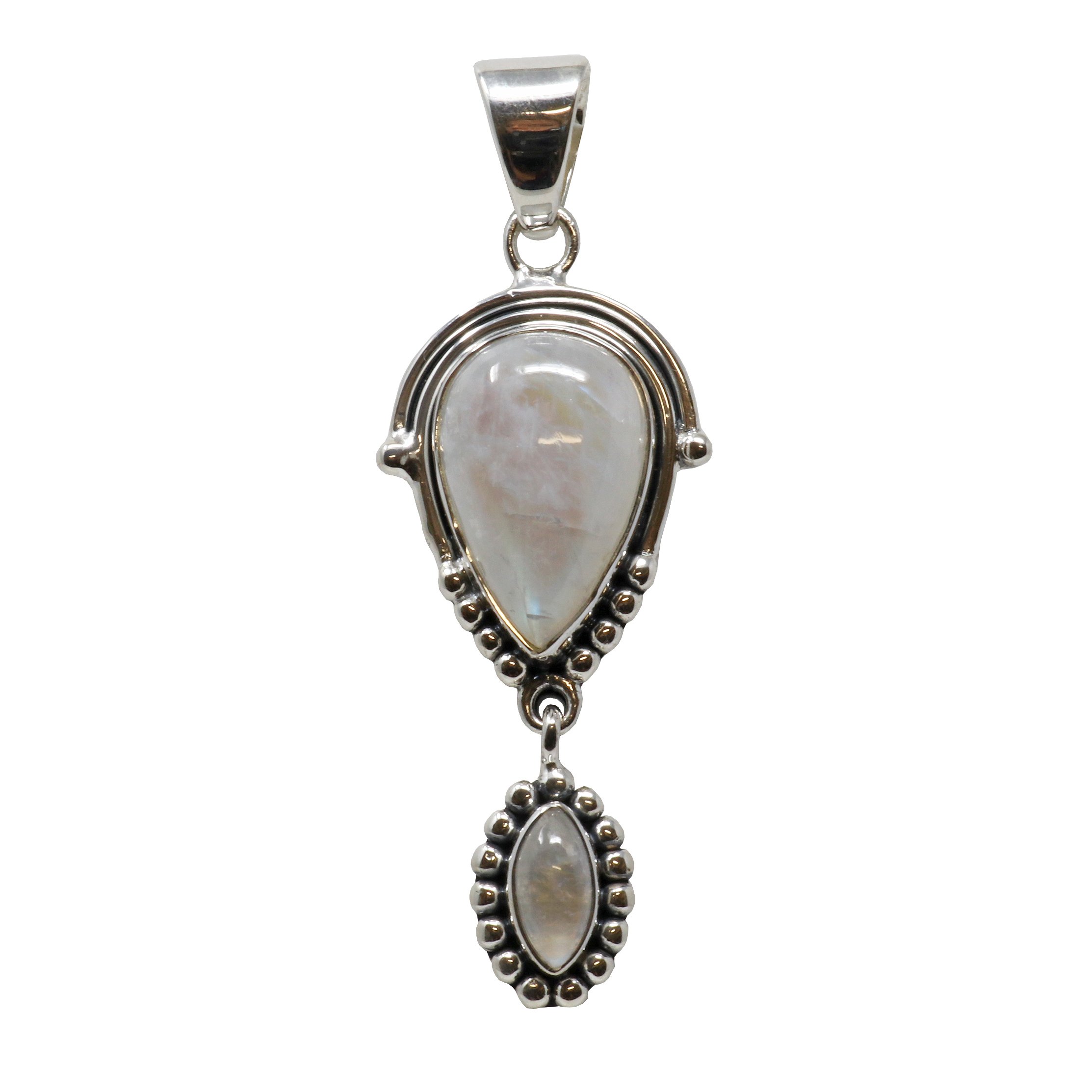 Rainbow Moonstone Pendant - Reverse Pear With Studded Bezel With Sharp Oval