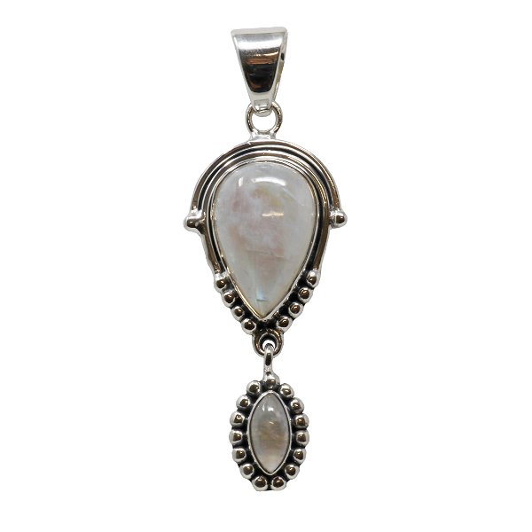 Closeup photo of Rainbow Moonstone Pendant - Reverse Pear With Studded Bezel With Sharp Oval