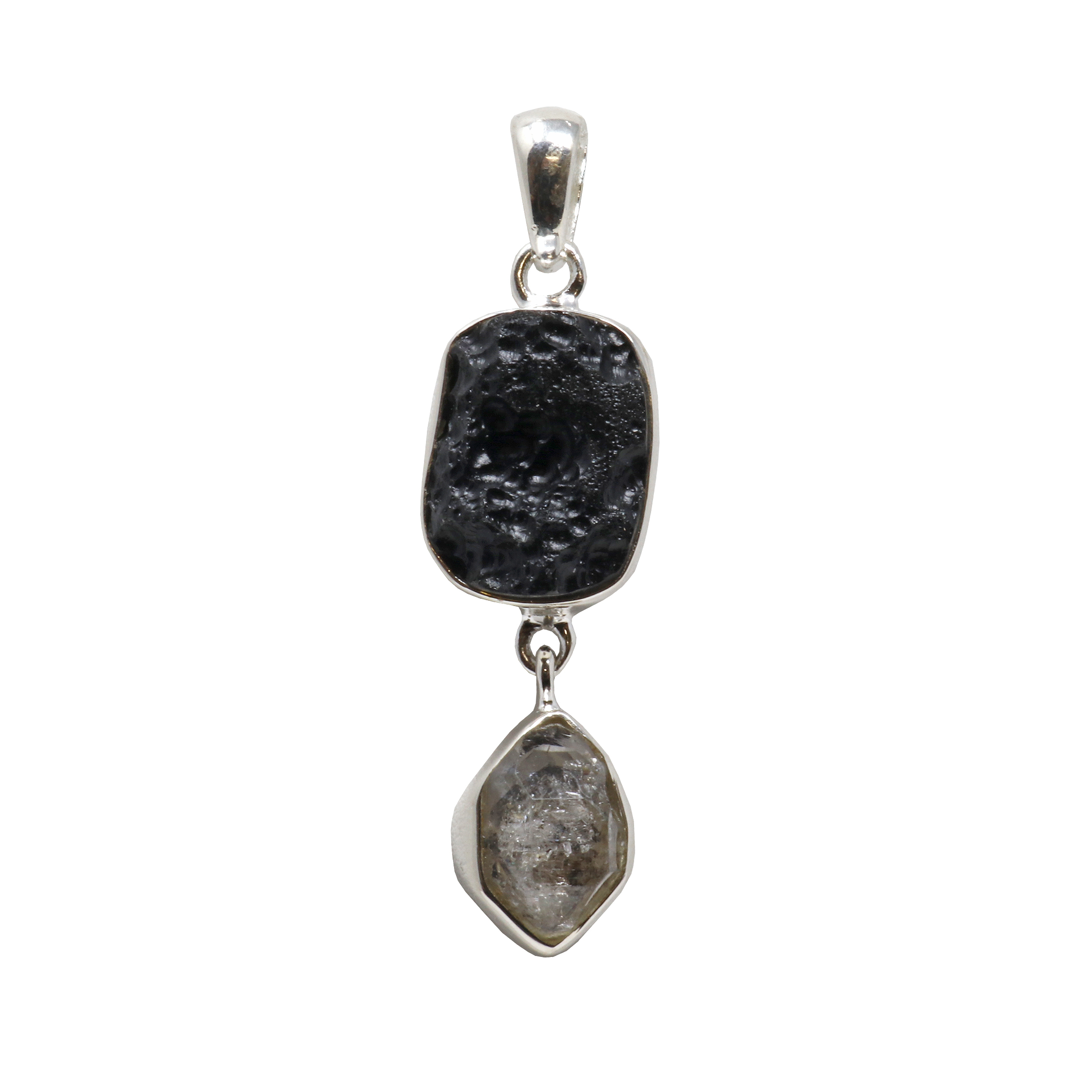 Tibetan Tektite Natural Black Pendant With Herkimer Diamond | Rare ...