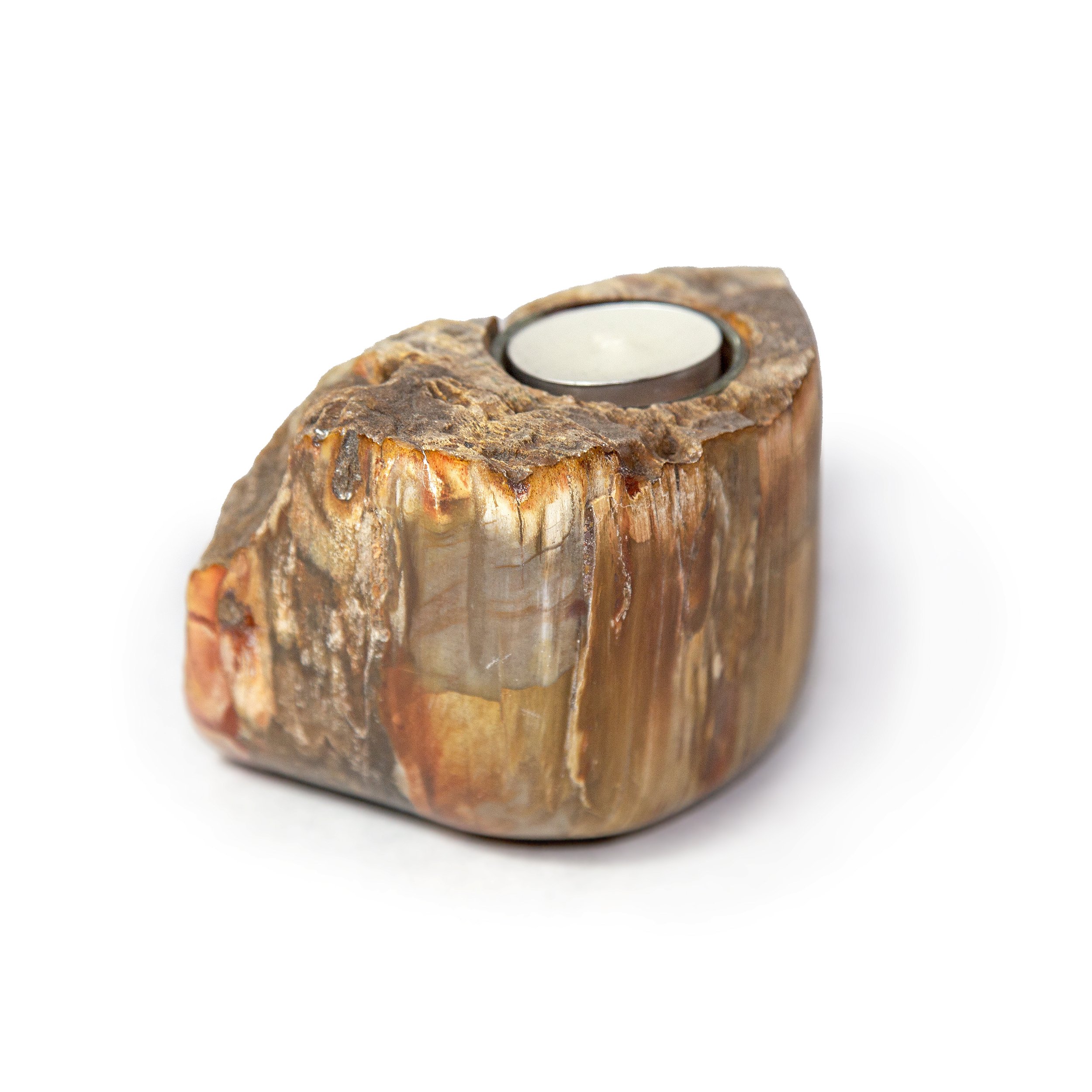 Madagascar Petrified Wood Corner Cut Log Candle Holder - Waterfall Shaped With A Single Candle At The Peak