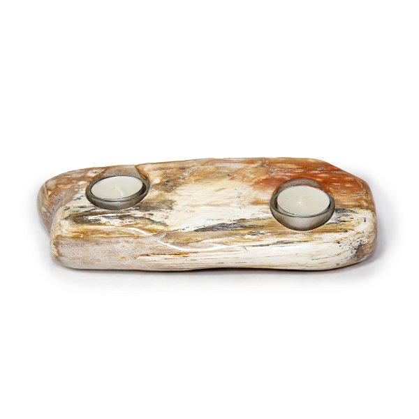 Closeup photo of Madagascar Petrified Wood Freeform Polished Log Candle Holder - 2 Candles In Line With Each Other