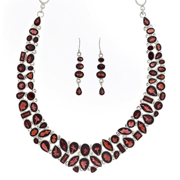 Closeup photo of Garnet Faceted Set - Necklace & Dangle Earrings