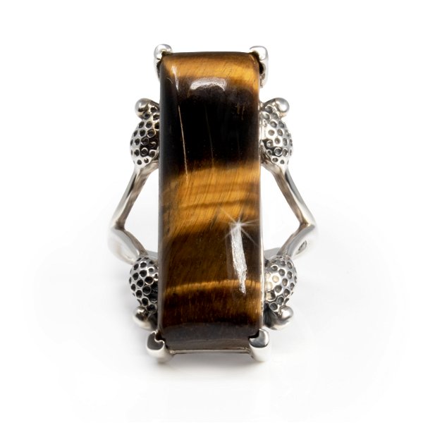 Closeup photo of Tigers Eye Ring - Elongated Rectangle Cabochon Prong Set On Open Silver Band With Strawberries Sz10