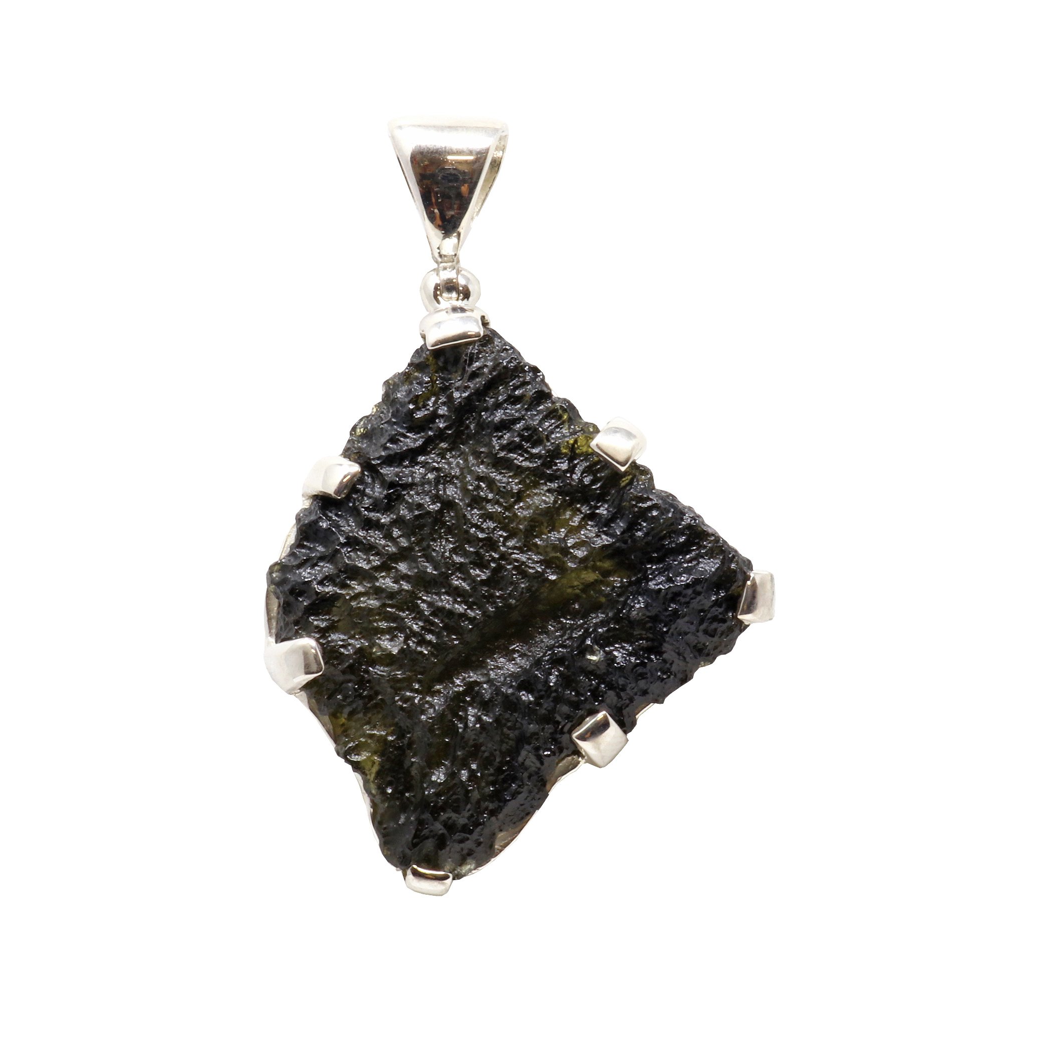 Moldavite Pendant - Freeform With Natural Ruggedness & Divot With Extremely Dark Olive Green Hue & Silver Bezel - Prong Set