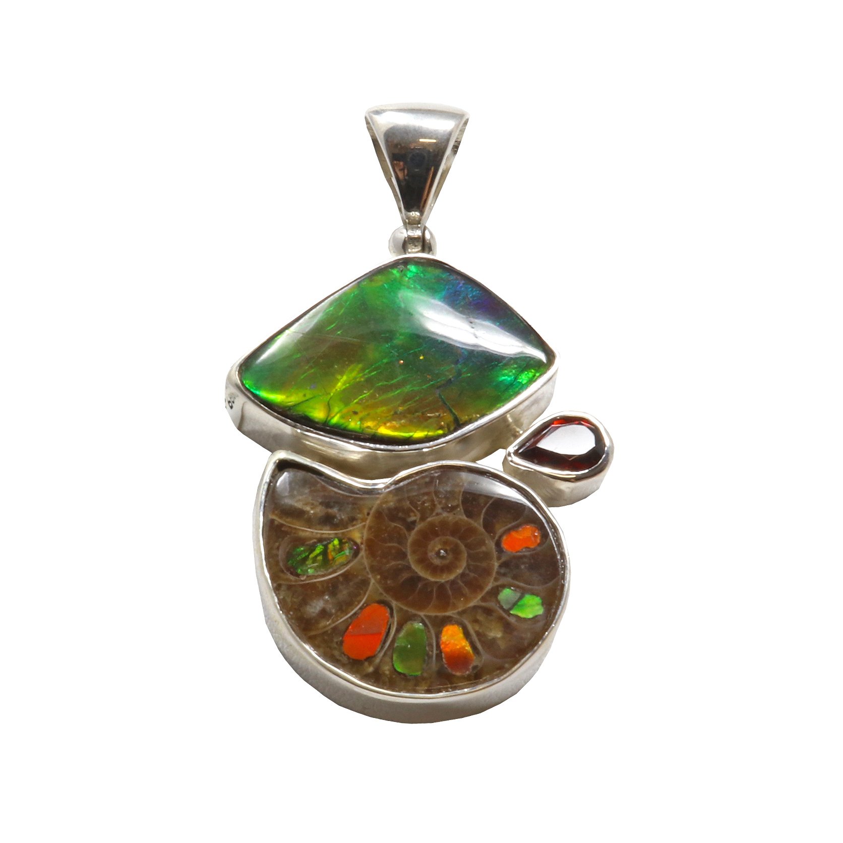 Ammonite Pendant With Ammolite Inlay & Freeform Ammolite Cabochon With Faceted Garnet Pear & Silver Bezels