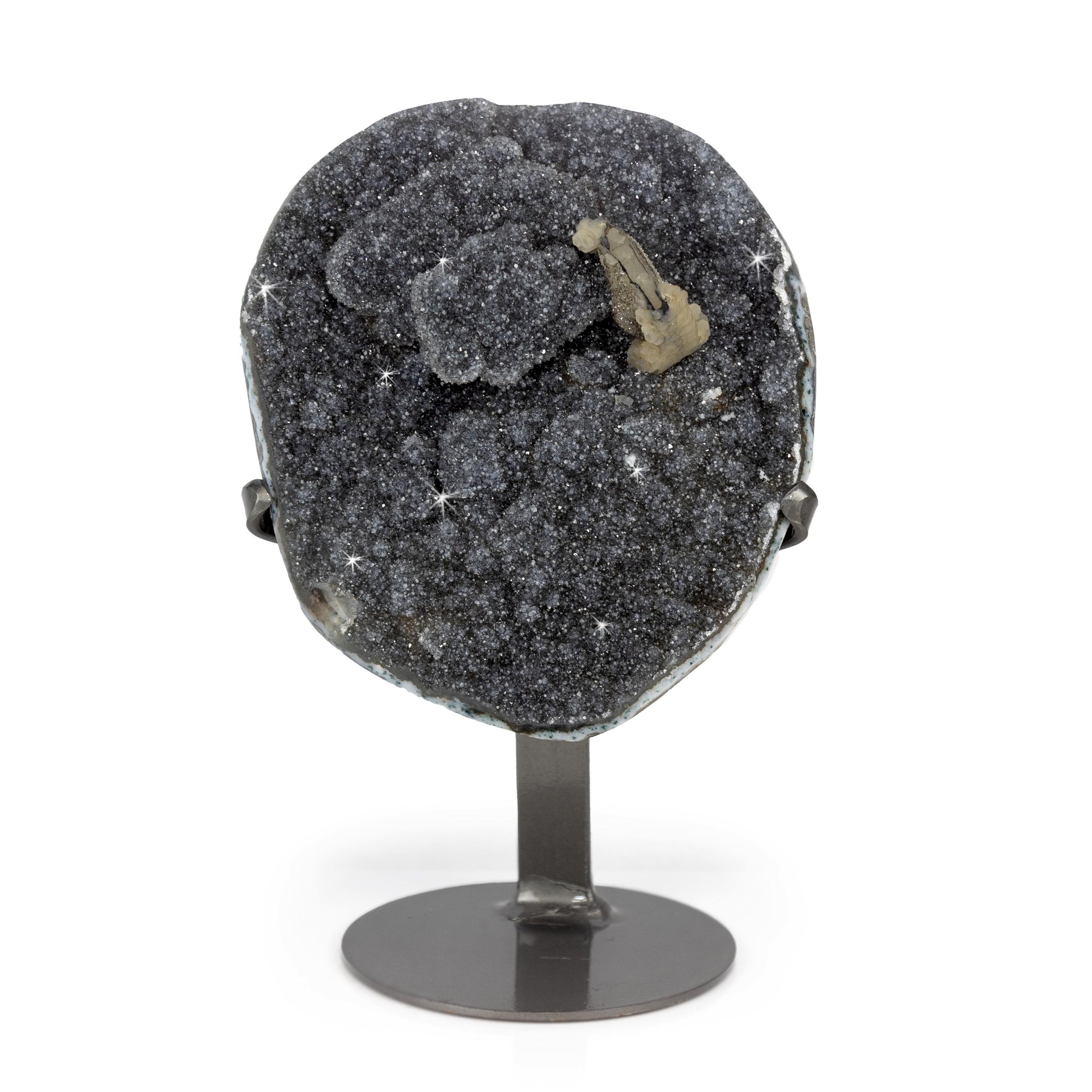 Basalt Druze Plaque On A Fitted Stand With Calcite Druze Cluster And Druze Bulge