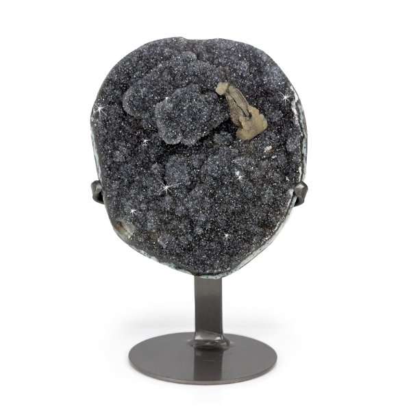 Closeup photo of Basalt Druze Plaque On A Fitted Stand With Calcite Druze Cluster And Druze Bulge
