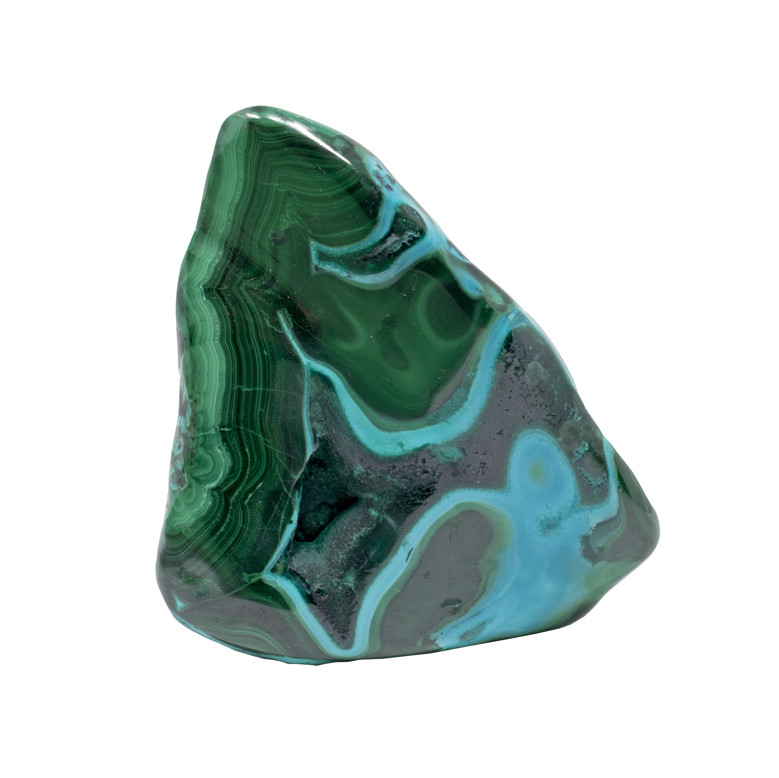 Chrysocolla Malachite Freeform Polished - Blue "River" Crossing Back and Forth Across the Face on Lucite Stand