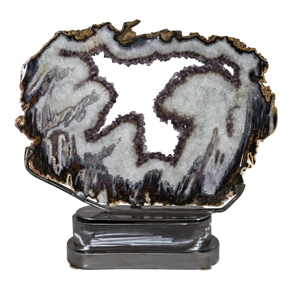 Closeup photo of Agate Slice With Amethyst Center On Custom Spinning Metal Base