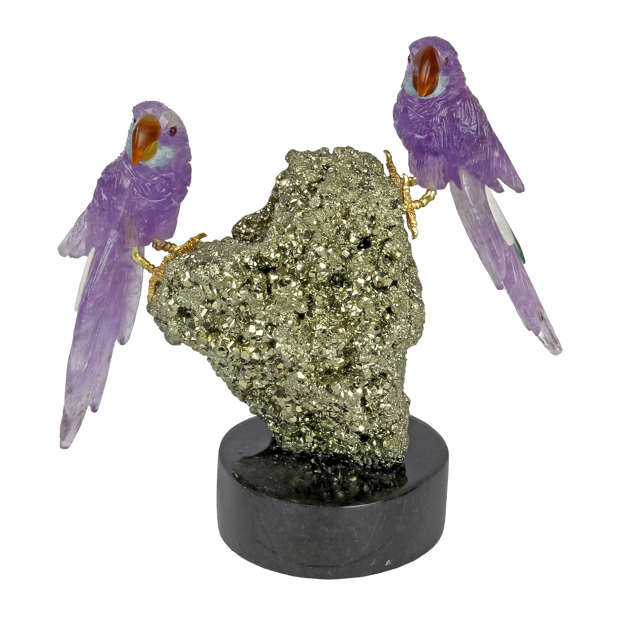 Amethyst Macaws With Variscite Tail Feathers On Pyrite Base
