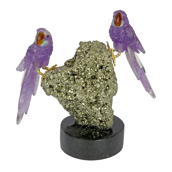 Closeup photo of Amethyst Macaws With Variscite Tail Feathers On Pyrite Base