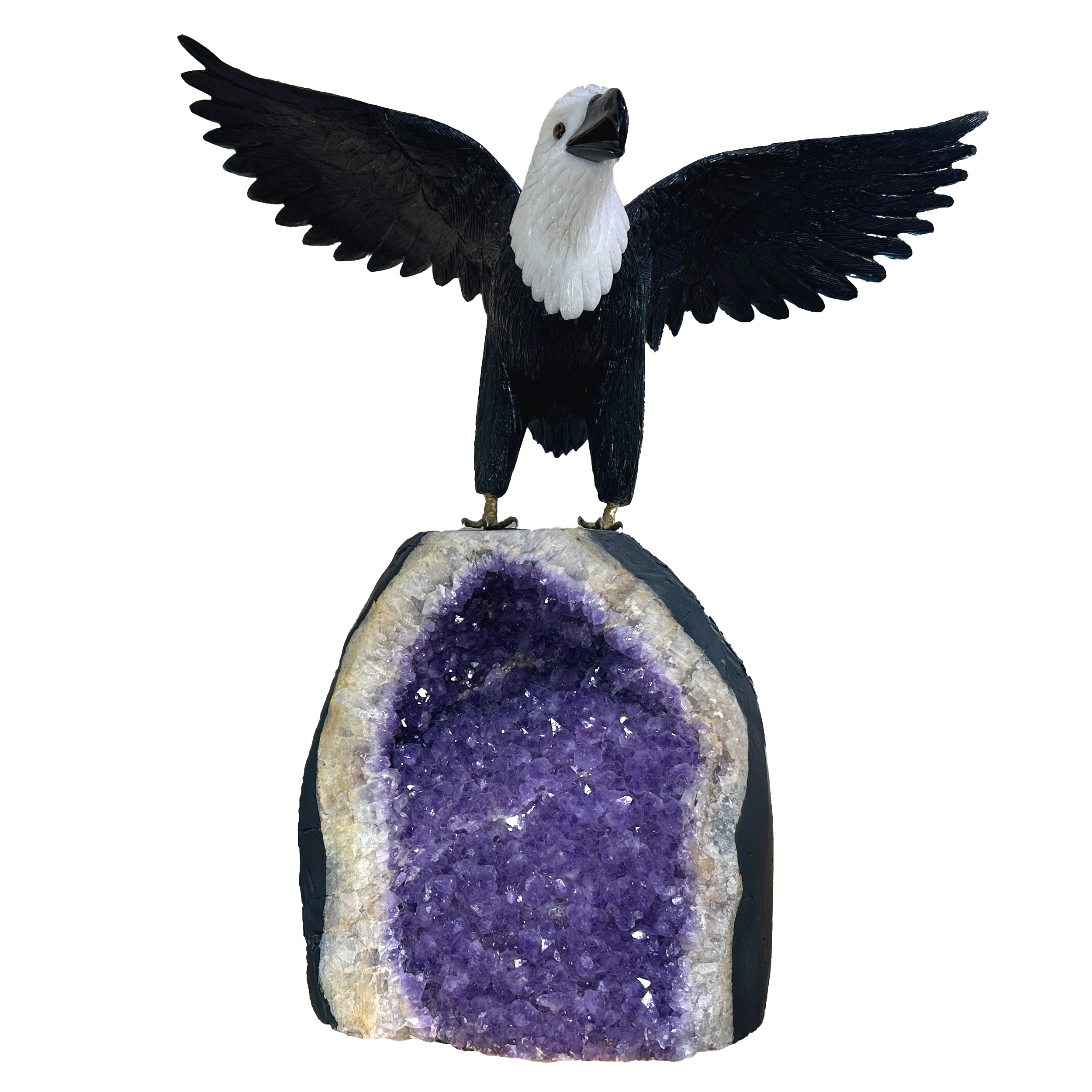 Black Onyx Bird With Dolomite Head Perched On Amethyst