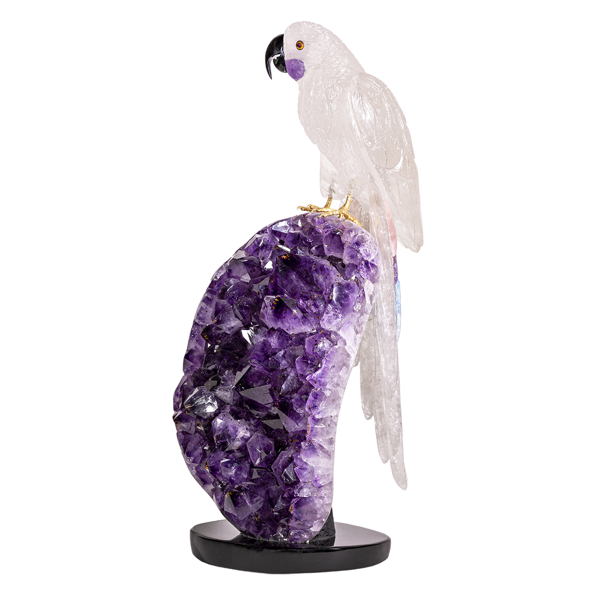 Quartz Macaw With Aquamarine Tail Feather Atop Polished Amethyst Geode