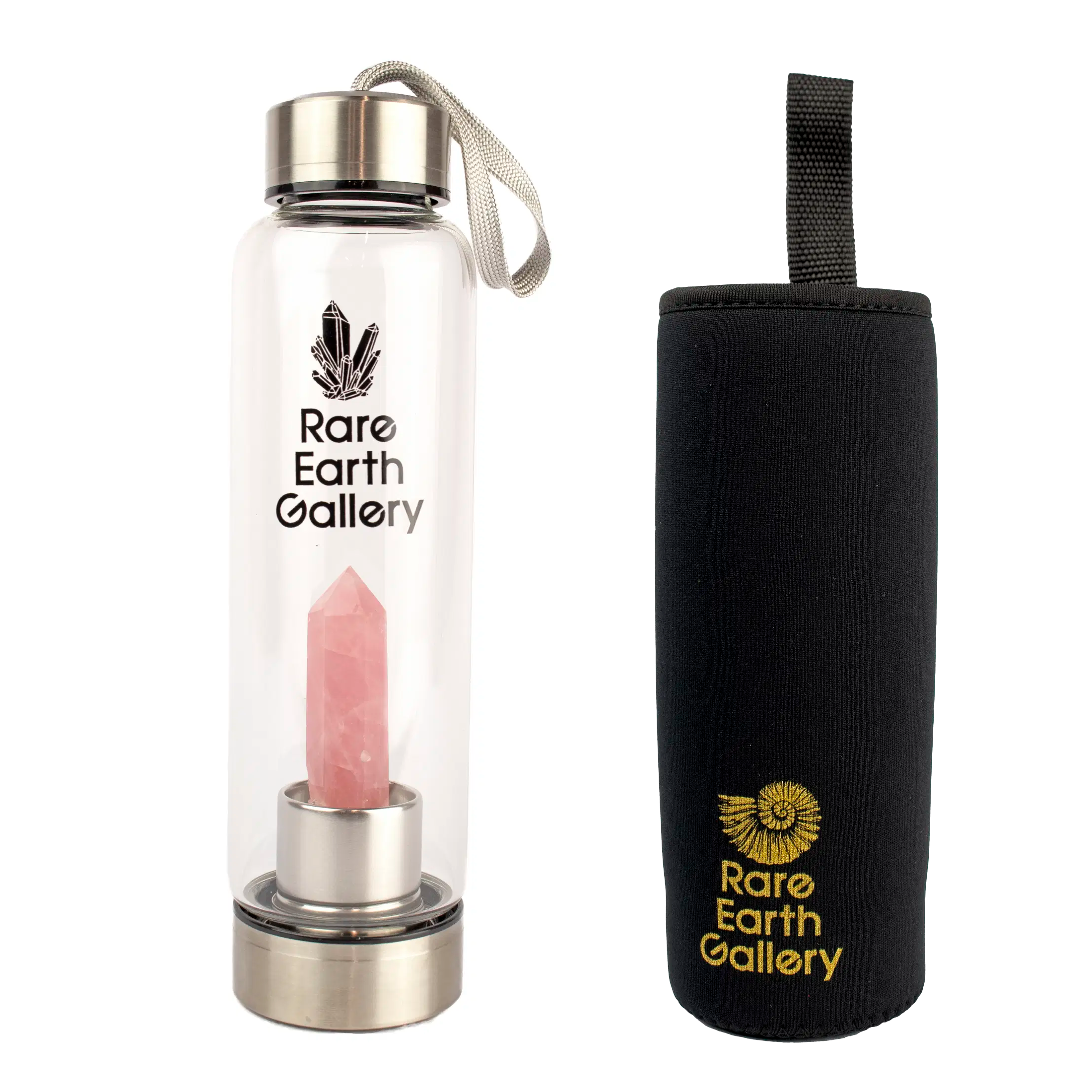 Rose Quartz Point Water Bottle with Neoprene Sleeve