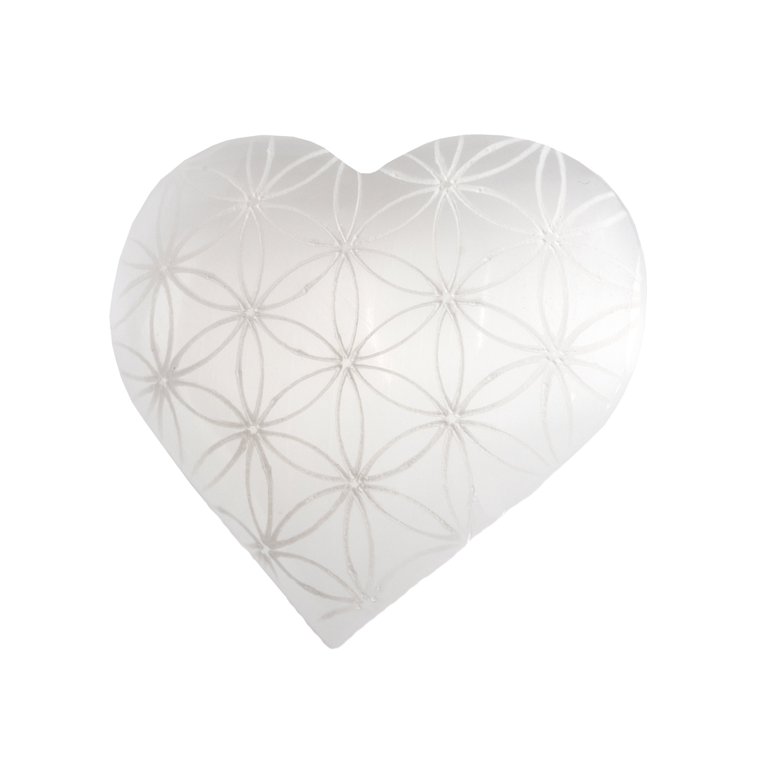 Selenite Heart with Etched Flower Of Life from Morocco