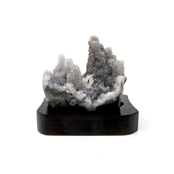 Closeup photo of Druze Geode In A Wooden Base - Gray And White With Stalactites