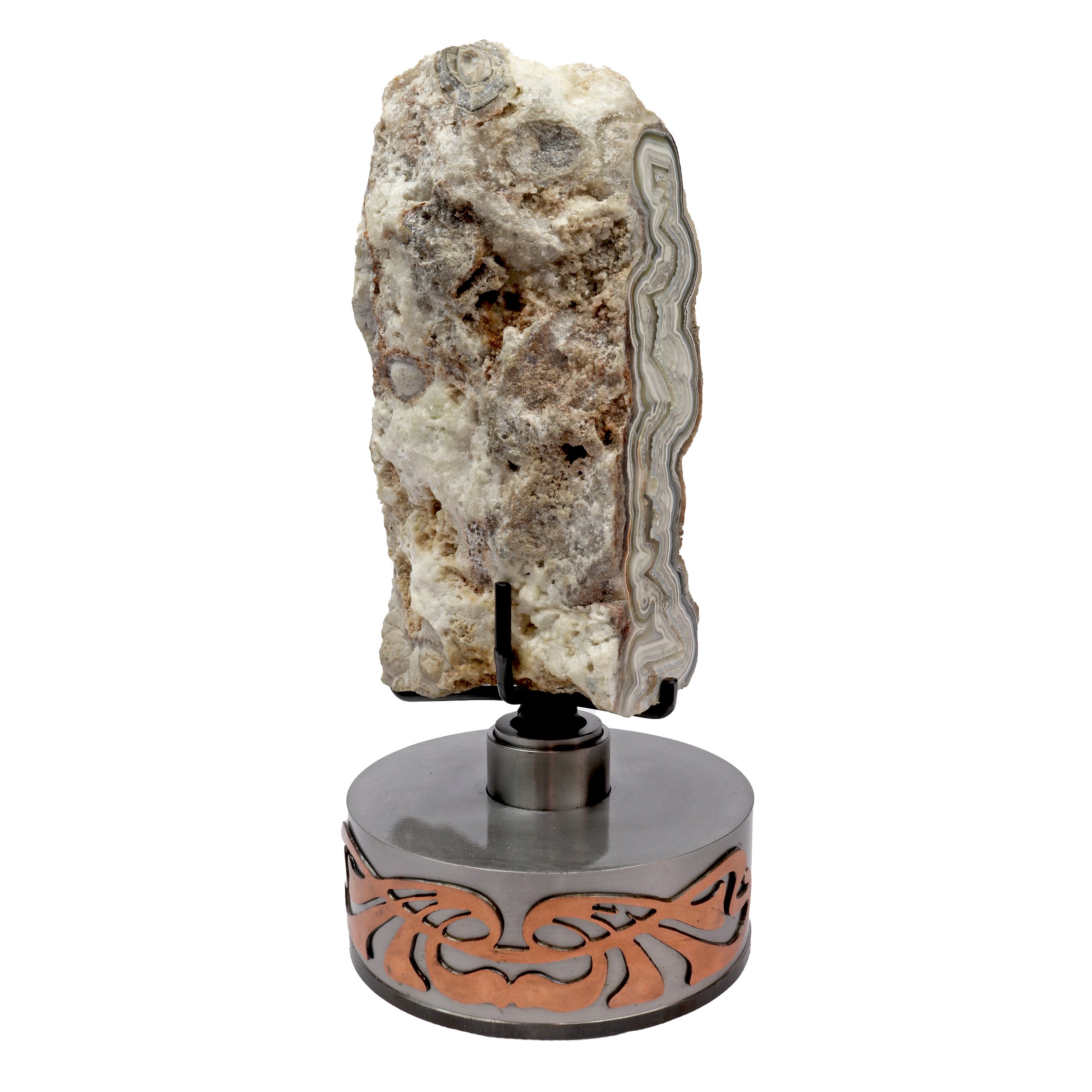 Laguna Lace Agate End Cut On A Rotating Abstract Two Tone Custom Stand